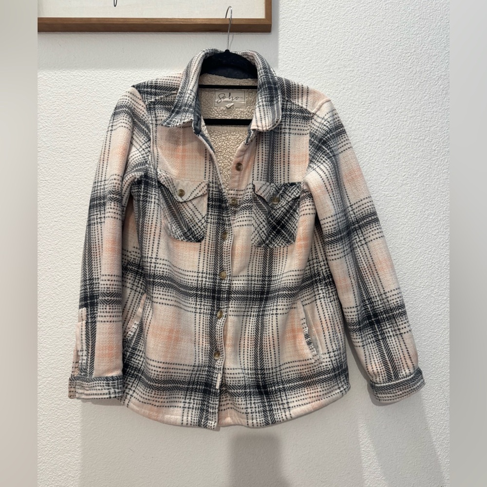 Soho Threads women's sherpa-lined plaid flannel shacket in white, pink, & grey